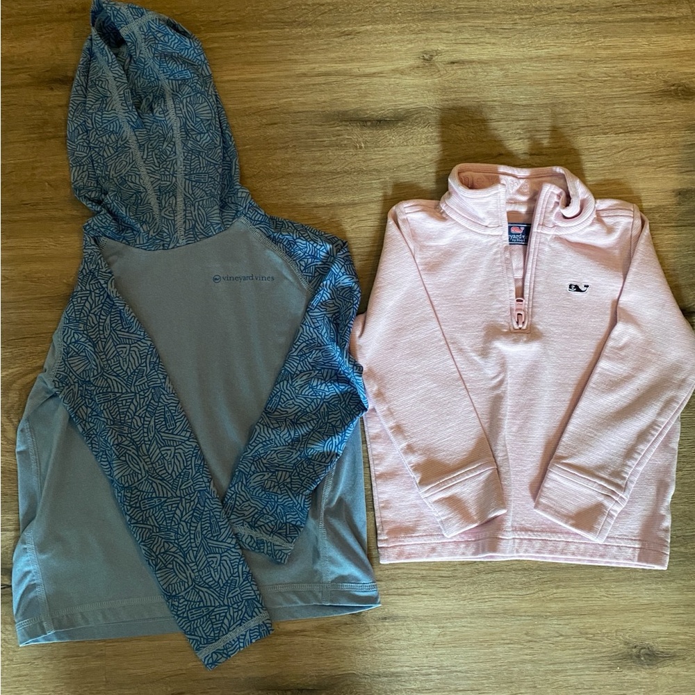Vineyard Vines.  Hooded swim shirt (4T)and 1/4 zip collared pullover (3T).